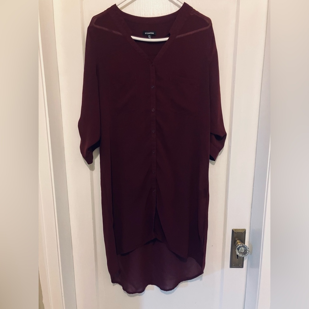Burgundy Sheer Button-Down Dress